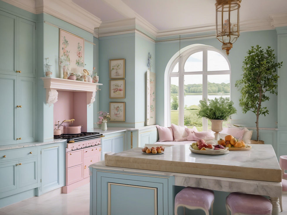 _A large open plan luxury modern grand millenial kitchen in a conservatory with pastel bab