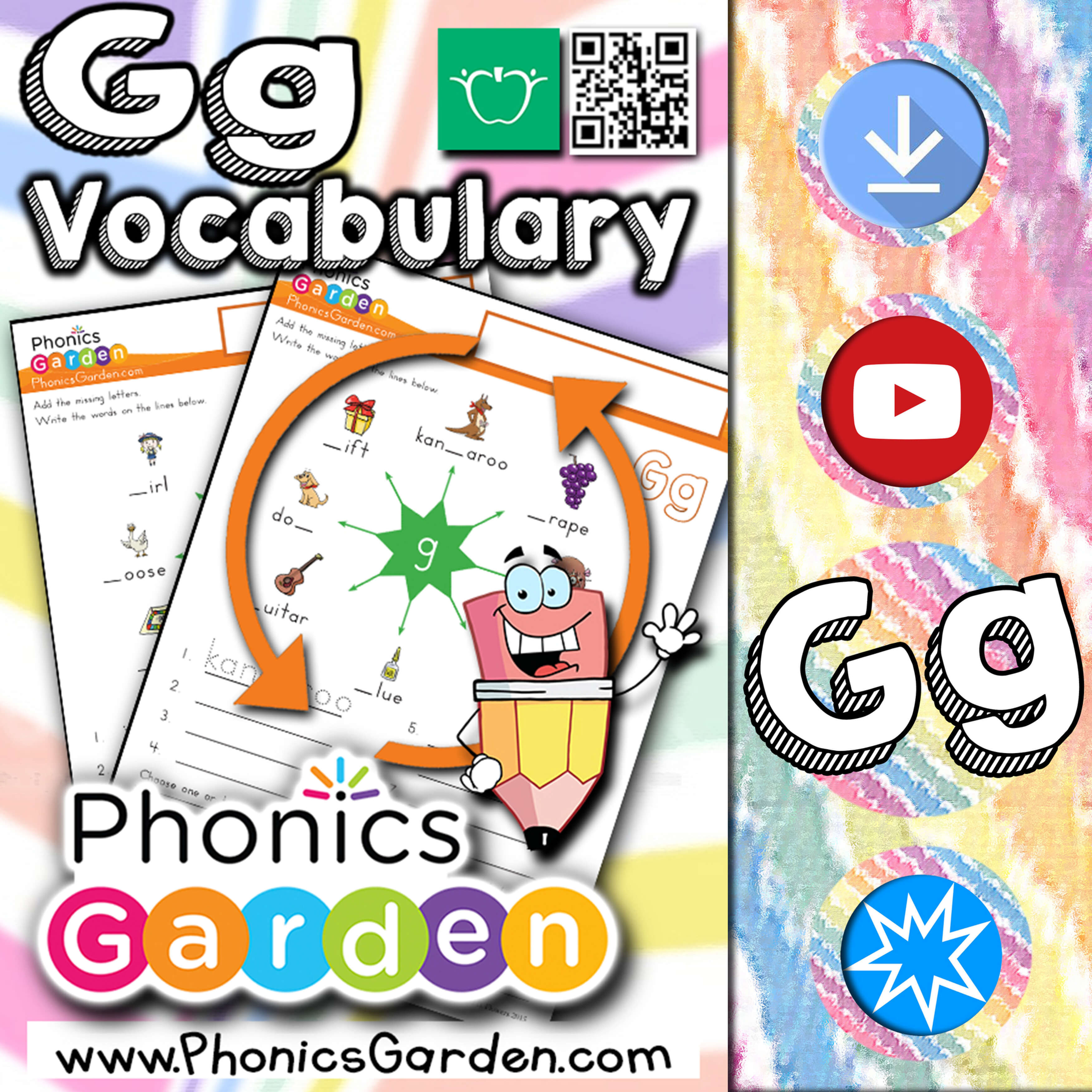 Gg | Word Wheel Spelling | Phonics Vocabulary | 2 Pages