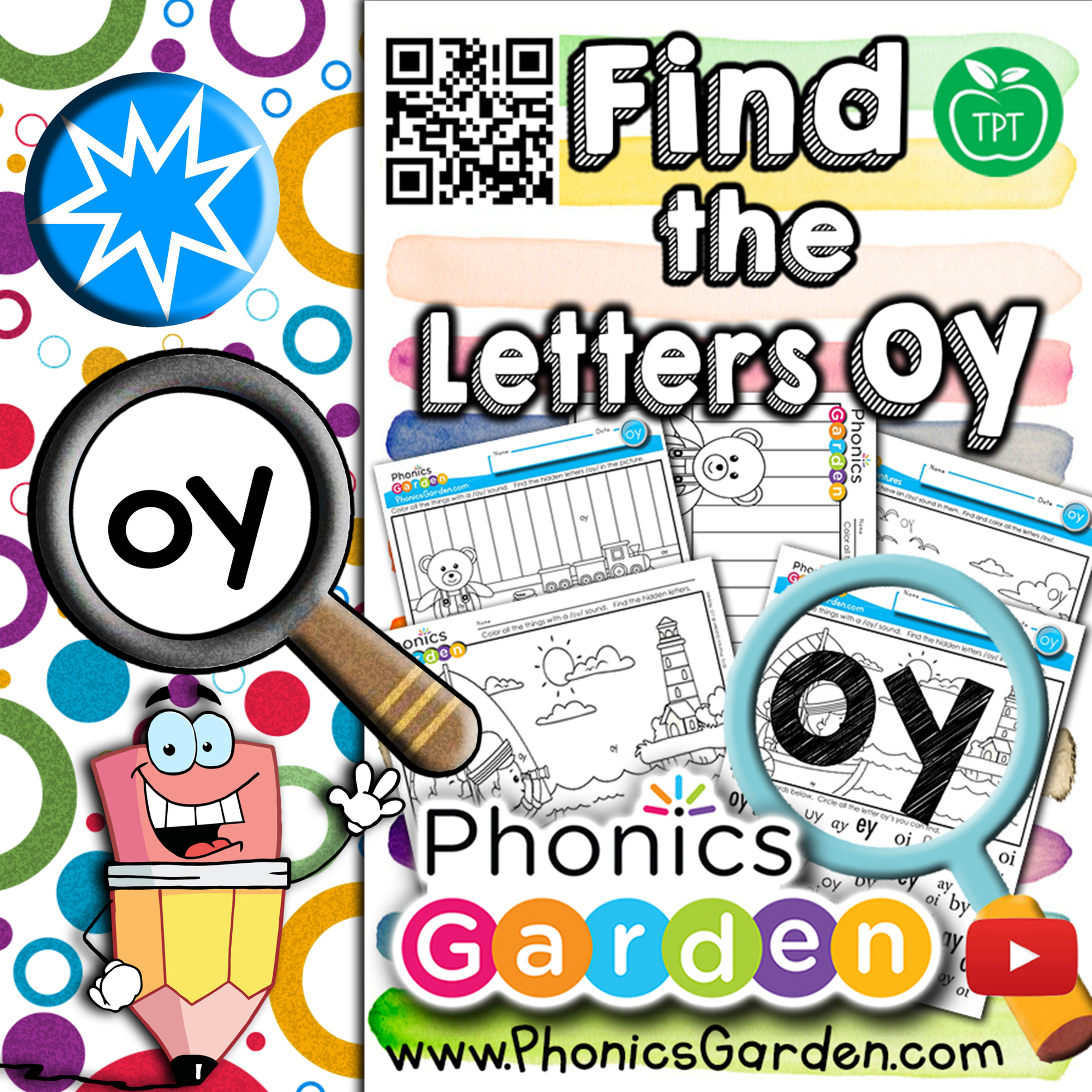 oy | Diphthong | Find the Letter | Letter Search Worksheets | 4 Pages
