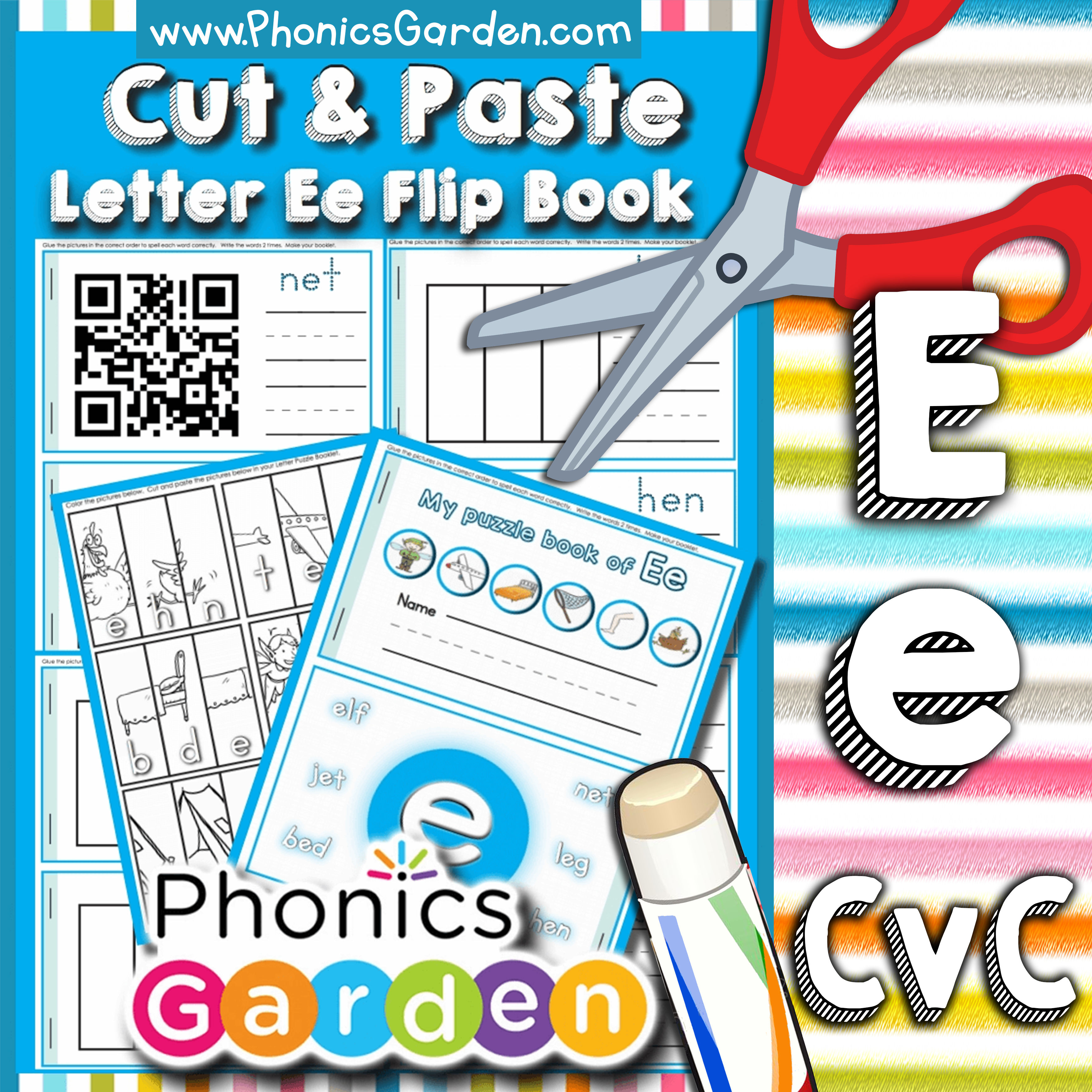 Ee | Flip-Book | Cut & Paste | CVC | 5 Pages