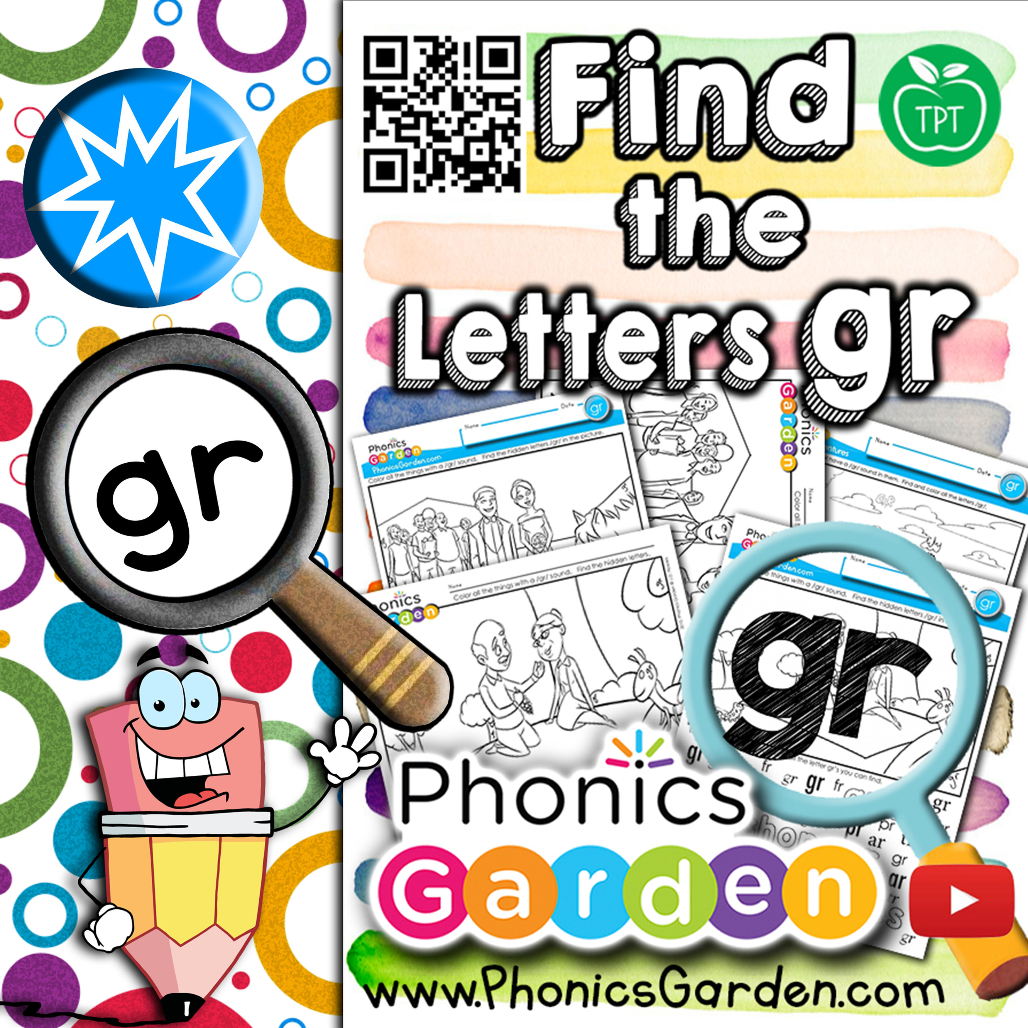 gr | Consonant Blend | Find the Letter | Letter Search Worksheets | 4 Pages