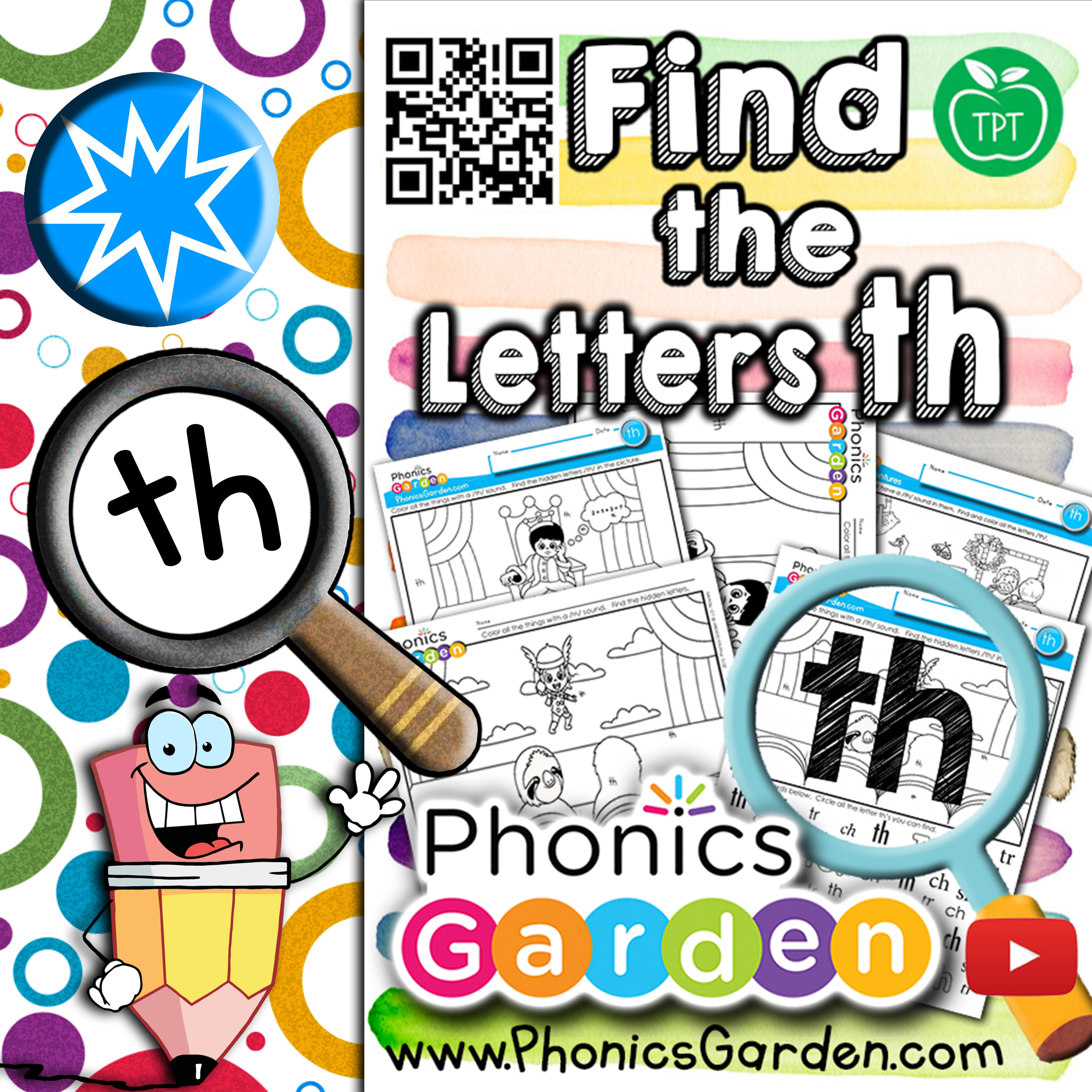th | Digraph | Find the Letter | Letter Search Worksheets | 4 Pages