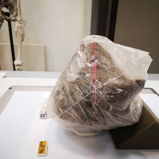 Photograph of Roman funeral urn within bag being imaged