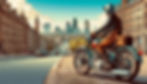 Cartoon style image. A woman motorcyclist wearing retro vintage motorcycle clothing is sitting on a classic motorcycle in a London street. In the background is the skyline of the city of London