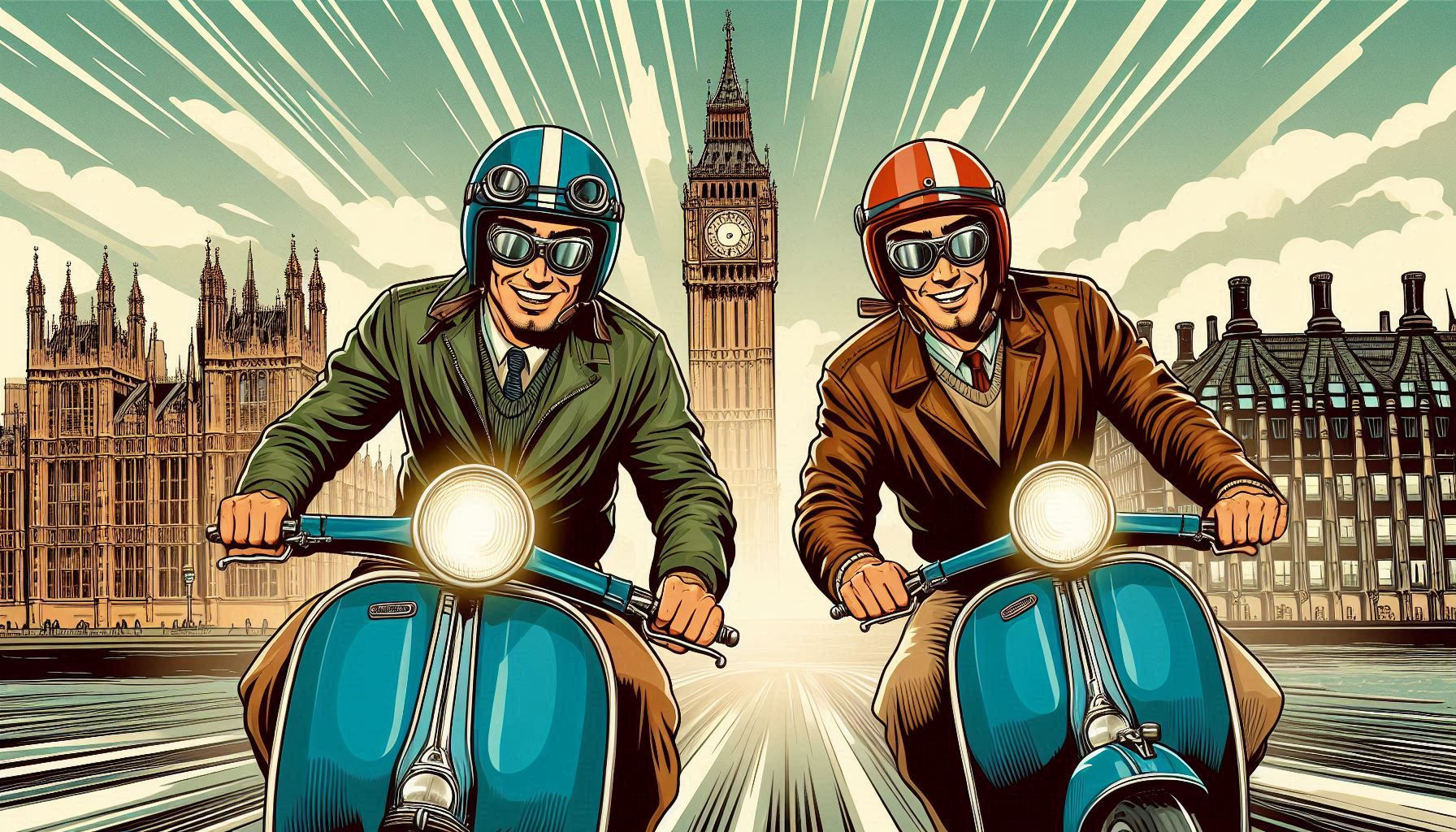 Comic book image of scooter riders on classic scooters smiling and riding in a sunset