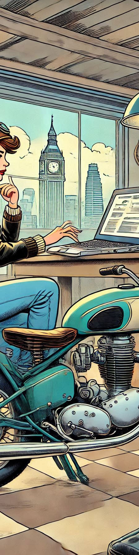 Cartoon style image. An attractive woman motorcyclist wearing vintage retro motorcycle clothing is sitting at a desk in a motorcycle garage using an ipad tablet. In the garage next to her is a classic motorcycle. Through the window in the background can be seen the skyline of the city of London.