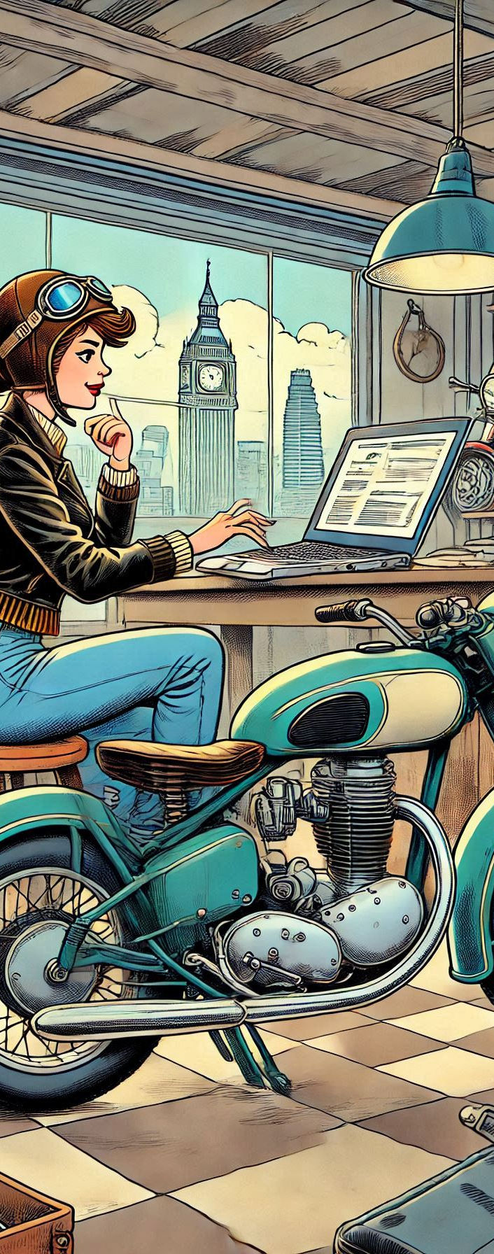 Cartoon style image. An attractive woman motorcyclist wearing vintage retro motorcycle clothing is sitting at a desk in a motorcycle garage using an ipad tablet. In the garage next to her is a classic motorcycle. Through the window in the background can be seen the skyline of the city of London.