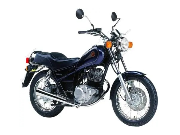 A blue Yamaha SR 125cc motorcycle