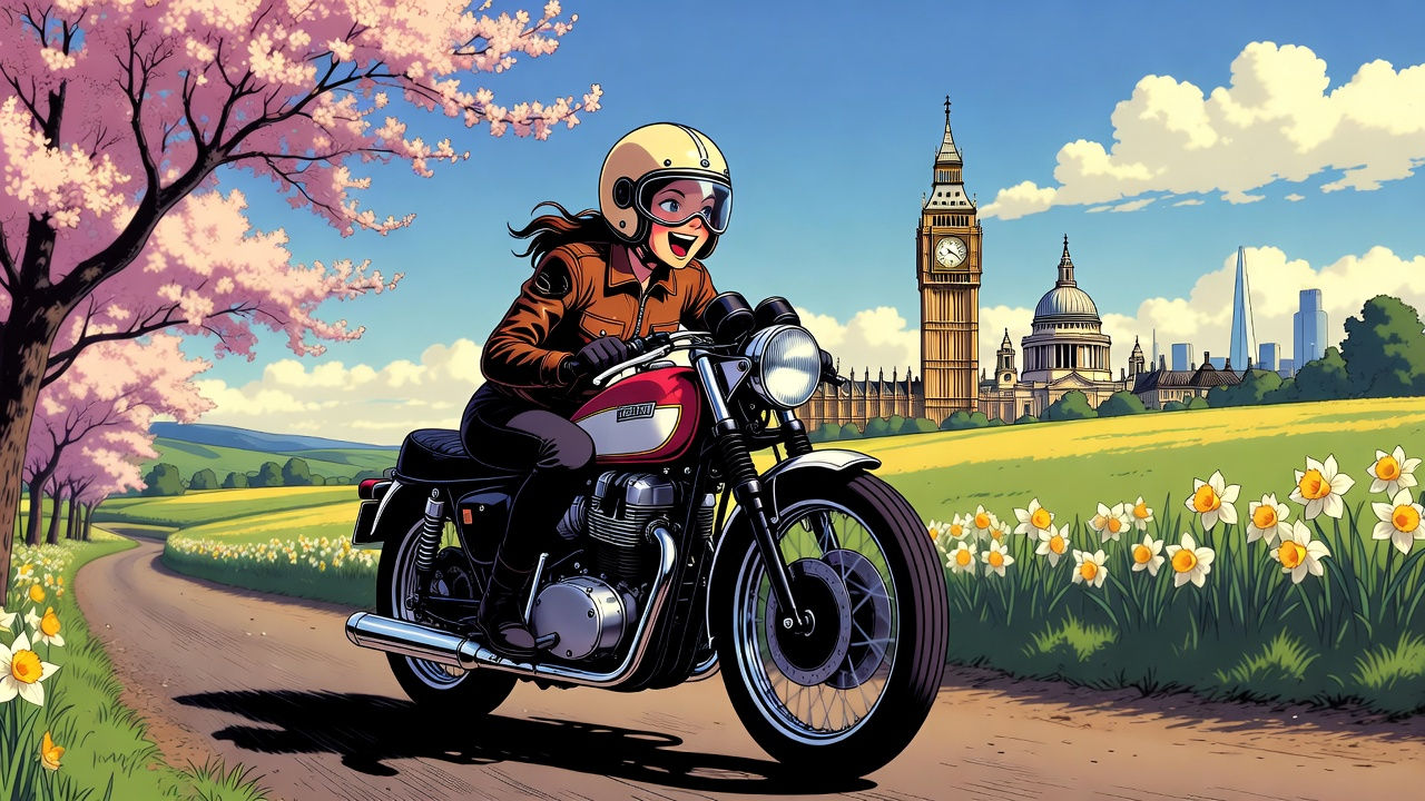 Comic book image of scooter riders on classic scooters smiling and riding in a sunset