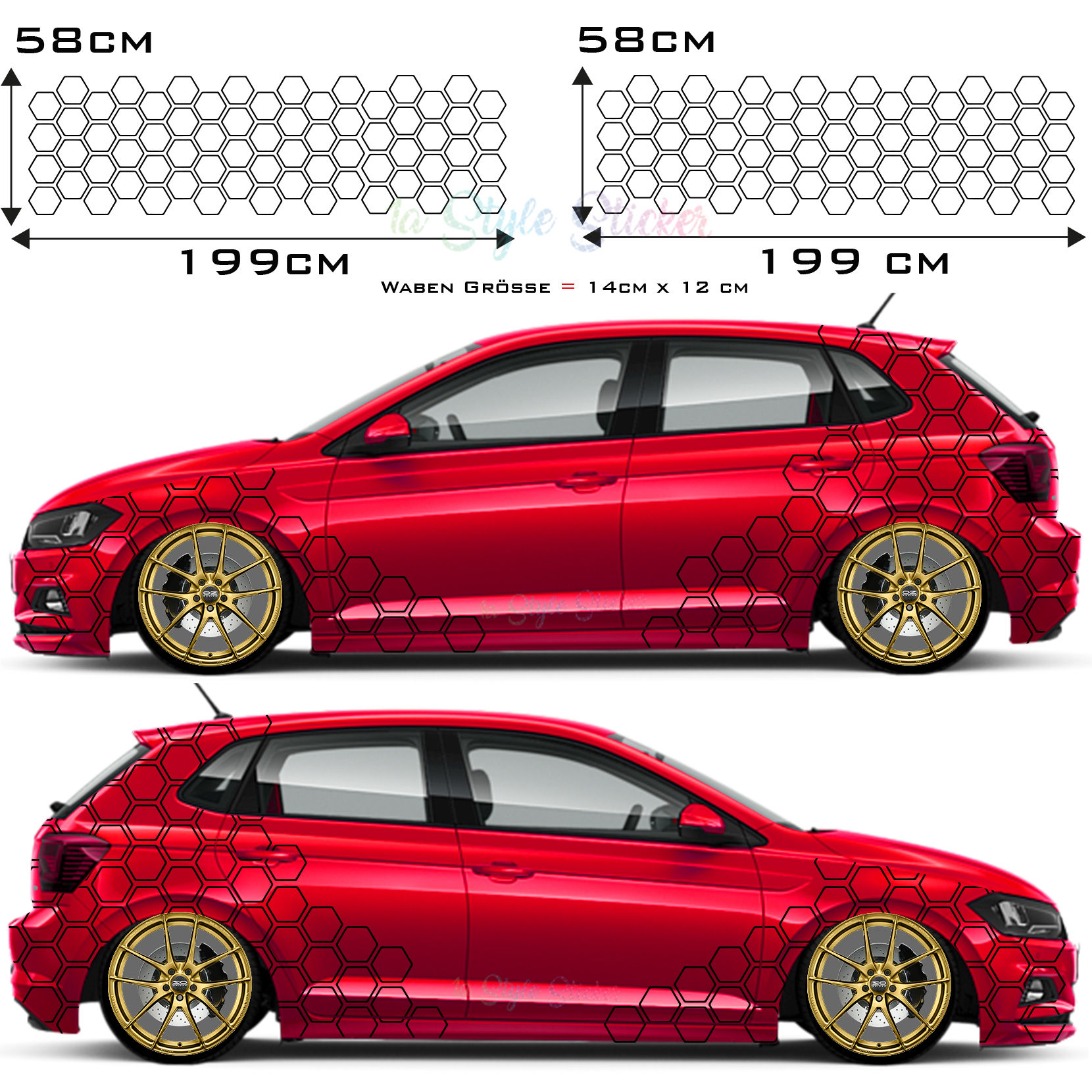 Auto Seitenaufkleber Waben-Muster Set Gesamtansicht