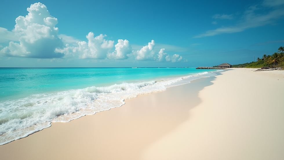 High angle view of a sandy beach with clear blue ocean waves in the Bahamas