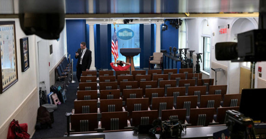The James S. Brady Press Briefing Room. Once the White House opens this hall to the press as a class, D.C. Circuit law says it cannot empty selected chairs because of editorial viewpoint. Photo: news file / used for commentary.