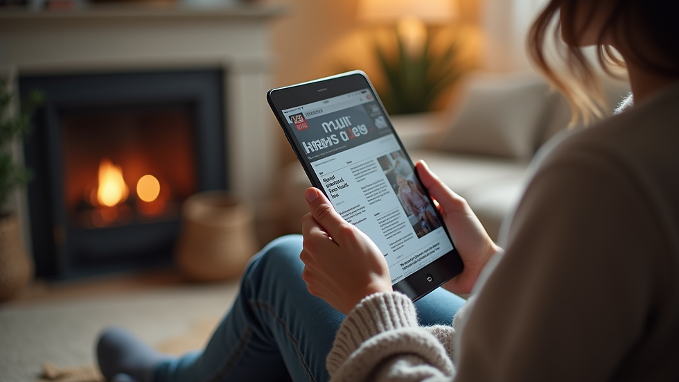 Close-up view of a person reading news on a tablet in a cozy home setting
