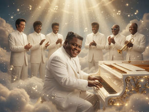 Fats Domino playing a white piano and singing in heaven