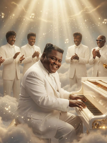 Fats Domino playing a white piano and singing in heaven