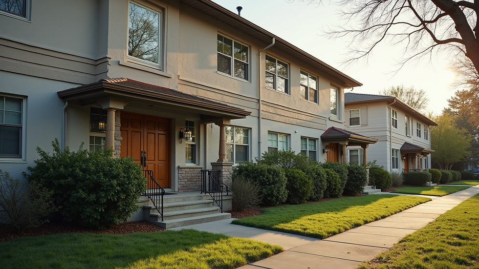 Eye-level view of a multi-unit rental property exterior in a residential neighborhood