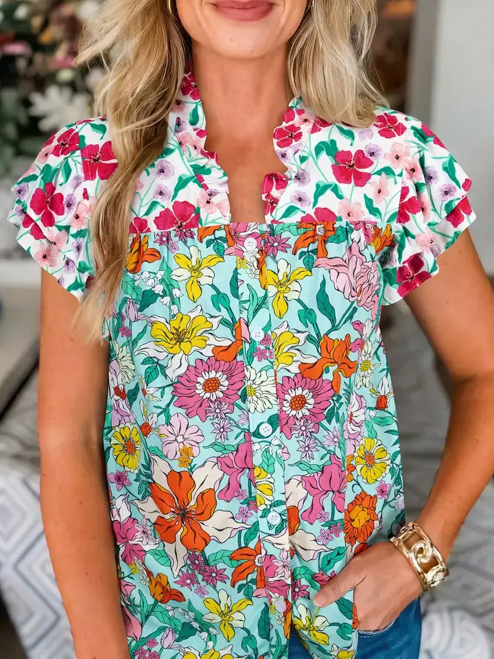 Sky Blue Floral Print Split Neck Button Front Blouse