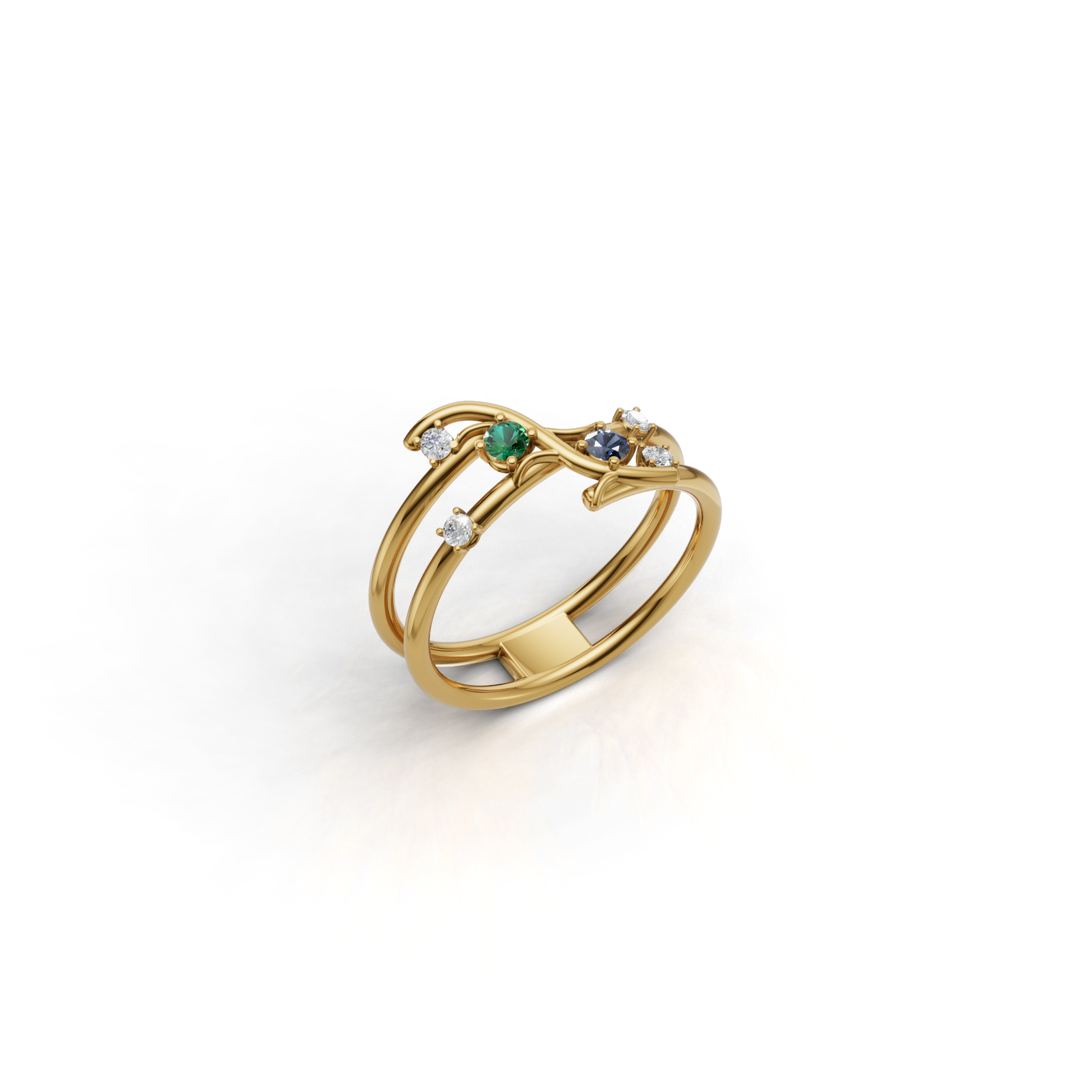 Anel fios de ouro com esmeraldas, safira azul e diamantes