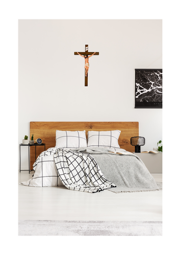 Cristo Crucificado De Resina 50 Cm - Figura Religiosa De Jesús Con Ojos Abiertos Y Cruz De Color Madera, Obra De Inmaculada Romero