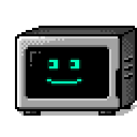 A silver and black microwave with a digital teal smiley face on its glass door.