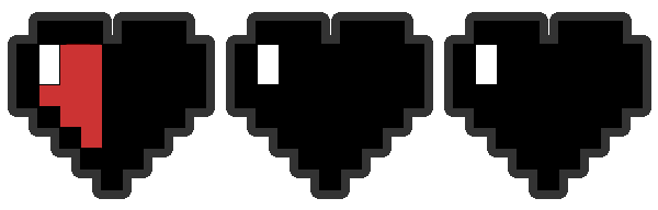 Retro style three-heart energy bar with only one-half a heart left, blinking.
