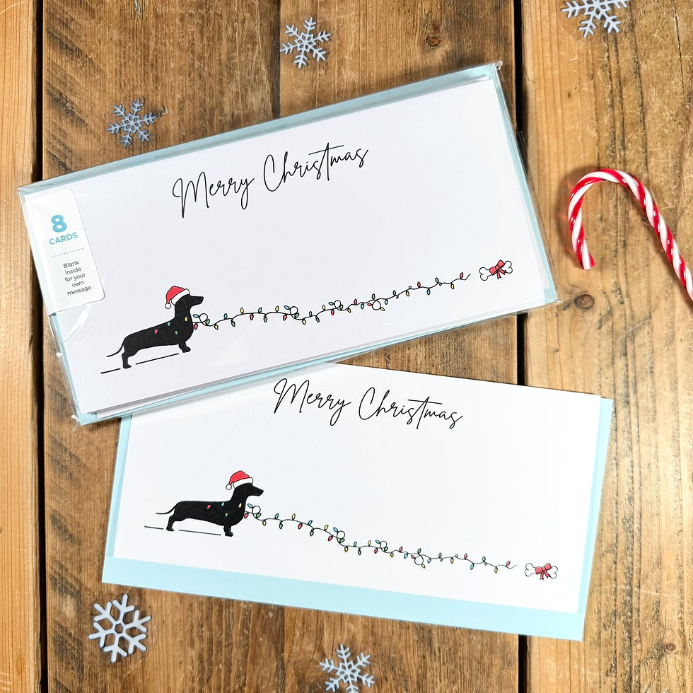 Dachshund / Sausage Dog in Christmas hat with Christmas lights Christmas cards
