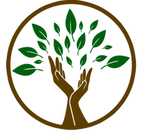 A logo with two brown upheld hands in the shape of a tree trunk and green leaves blooming from between the hands