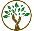 A logo with two brown upheld hands in the shape of a tree trunk and green leaves blooming from between the hands