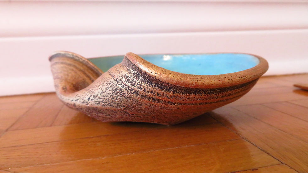 Thumbnail: Vintage brown/green thumbprint, free form stoneware bowl signed