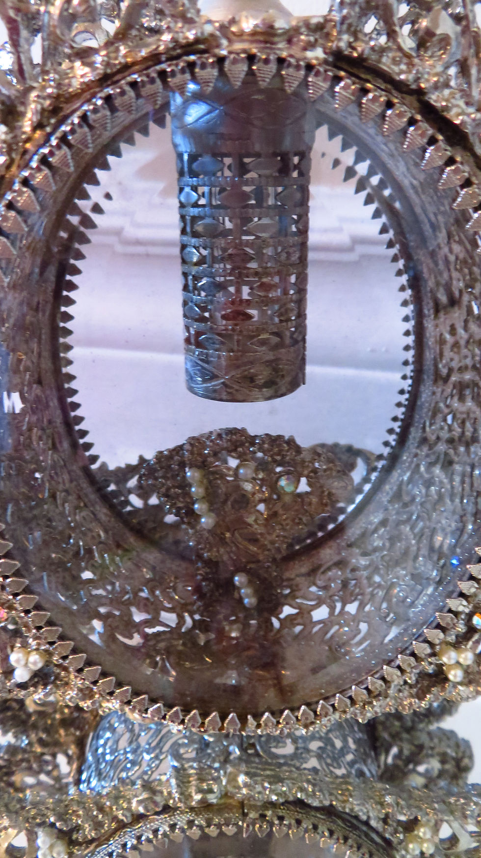 Thumbnail: Vtg Extra Large Ormolu silver Perfume Decanter Bottle set with mirror