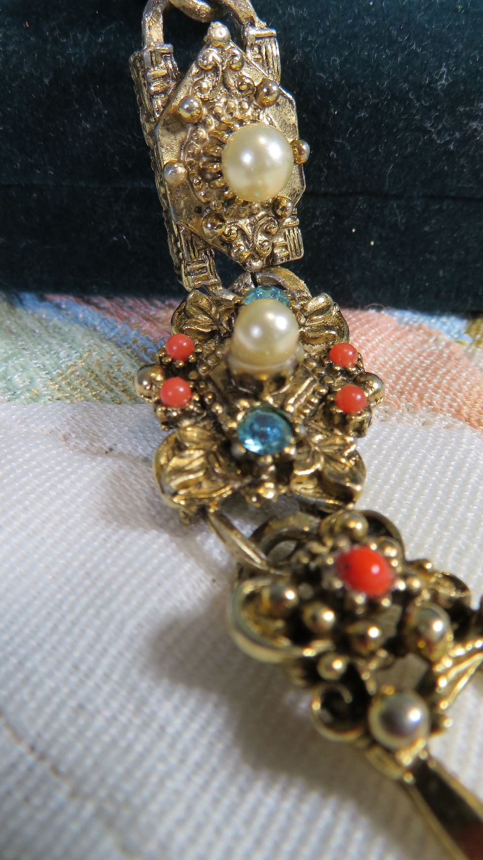 Thumbnail: Vintage 1960 Etruscan Revival Style Bracelet Faux Pearl, Coral & Blue RS Accents