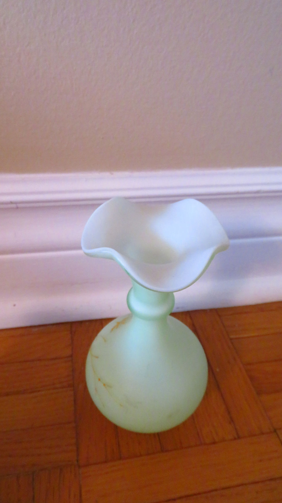 Thumbnail: Vintage Thomas Webb & sons style hand painted victorian vase uranium glass cabin