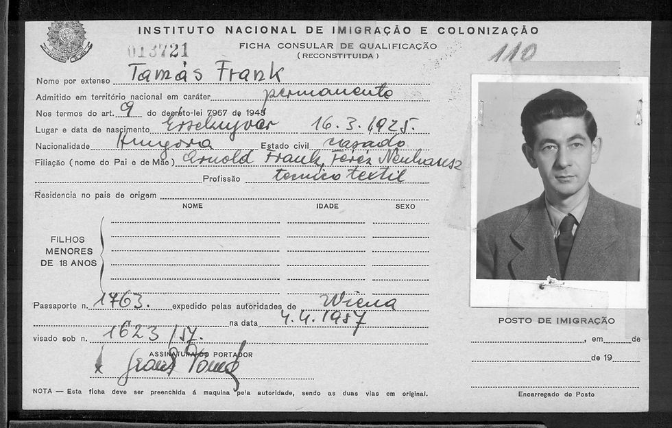 Immigration document with a black-and-white photo of a man in a suit. Text includes personal details like name, birthdate, and profession.