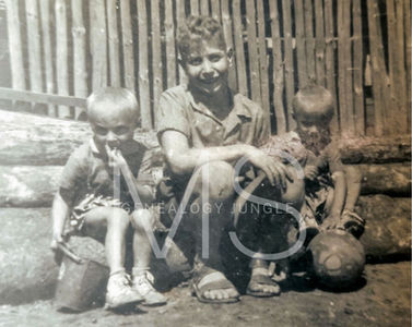 Three young boys sit outdoors in Palarikovo