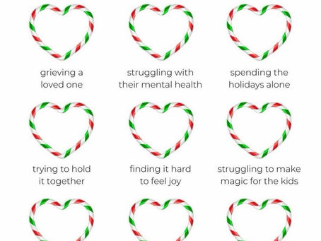 A white background graphic with the heading “Sending love to those who are…” followed by nine candy cane–striped hearts arranged in a grid. Each heart is labeled with a phrase: “grieving a loved one,” “struggling with their mental health,” “spending the holidays alone,” “trying to hold it together,” “finding it hard to feel joy,” “struggling to make magic for the kids,” “navigating difficult relationships,” “working through the holidays,” and “worried about the future.” The overall tone is compassionate and supportive during the holiday season.