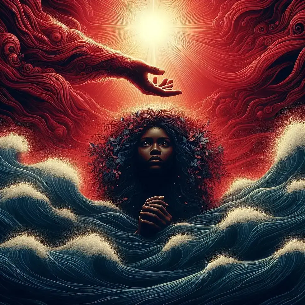A woman with flowers in her hair emerges from swirling waves, hands clasped. A bright light and reaching hand above. Red and blue hues dominate.