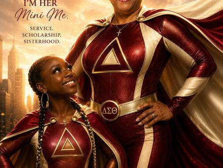 A cinematic superhero-inspired portrait of a Black mother and daughter standing together against a glowing sunset city skyline. The mother, modeled after Dr. Doris McEwen, stands tall in a crimson and cream superhero suit with a flowing cape and a large cream triangle emblem on her chest, symbolizing strength, service, and leadership. Beside her, her daughter wears a matching superhero costume and gazes up at her mother with admiration, pride, and love. Elegant typography reads, "Yes, I Get It From My Mother," with themes of service, leadership, scholarship, sisterhood, legacy, and inspiration woven throughout the design. The image celebrates the passing of values, purpose, and servant leadership from one generation to the next, portraying a daughter who proudly stands in the light of her mother's extraordinary legacy.