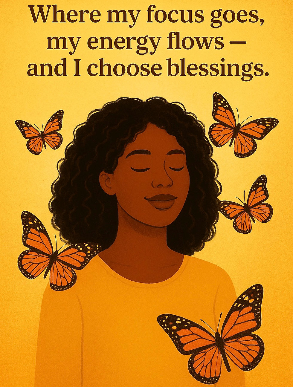 A woman with closed eyes, surrounded by butterflies on a yellow background. Text reads: Where my focus goes, my energy flows—and I choose blessings.