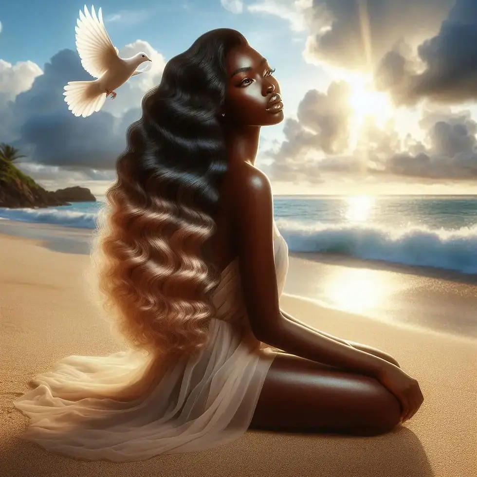 Woman in a flowing dress sits on a beach at sunset, her long wavy hair cascades down. A white dove flies nearby, evoking calm serenity.