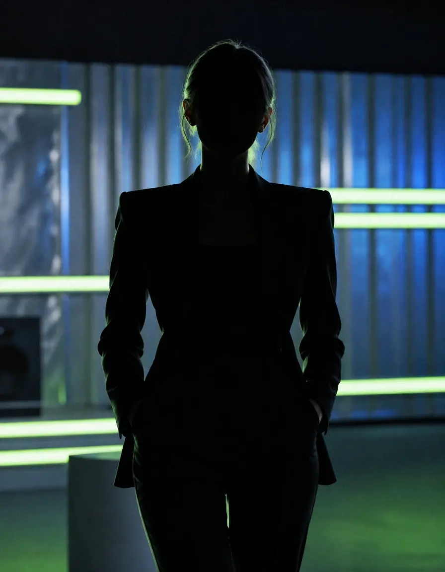 Studio photography of a person in a blazer silhouetted against a dark, neon-lit background. The atmosphere is sleek, modern, and mysterious.