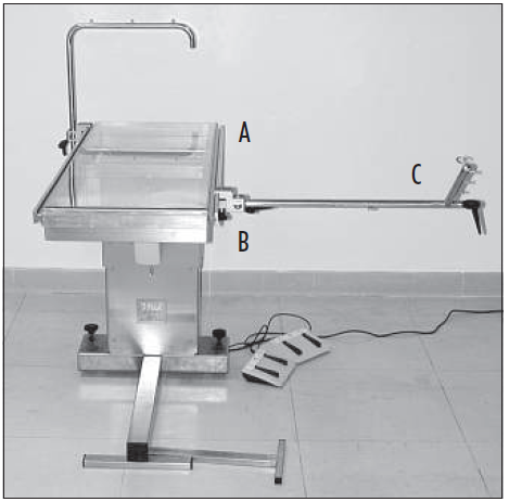 Fig. 1 The orthopaedic table with the lateral rails (A), clamps (B), and the micrometric traction stand (C).