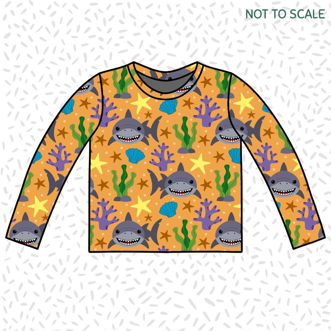 Children's handmade 'Little Summer Shark' print organic long sleeve t-shirt for ages 1-8 years.