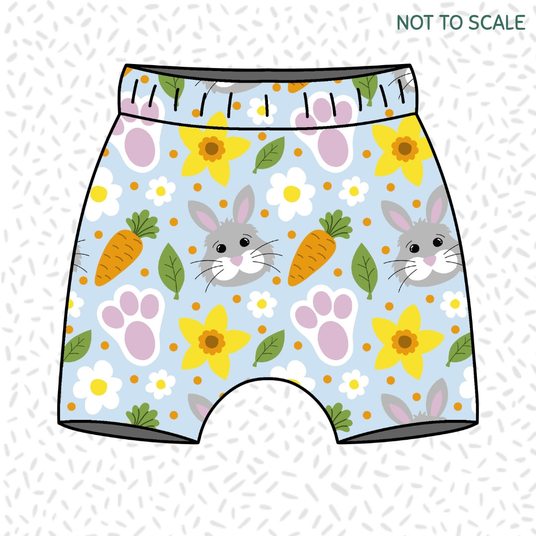 Children's handmade 'Little Spring Bunny' print organic harem shorts.