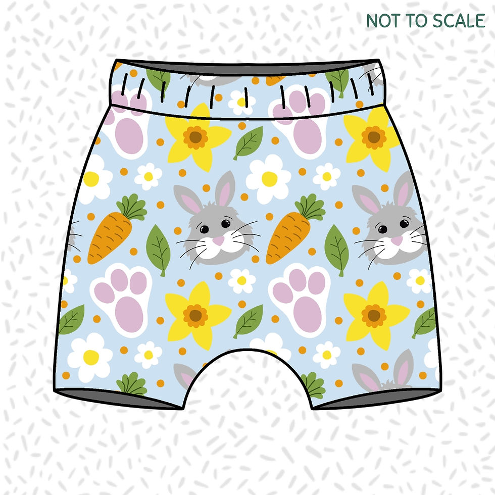 Children's handmade 'Little Spring Bunny' print organic harem shorts.