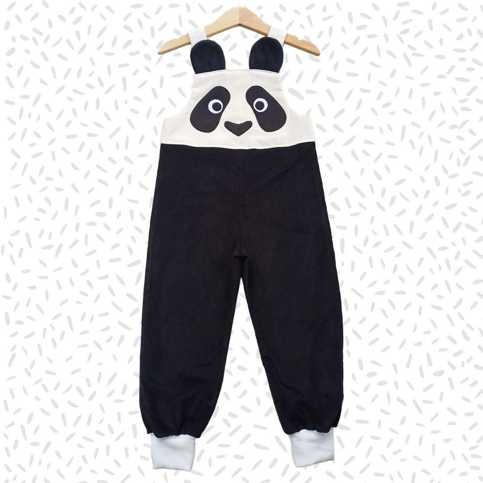 Children's handmade panda dungarees for ages 0-6 years.
