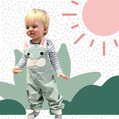 Children's handmade mint green needlecord bunny dungarees for children aged 0-6 years.