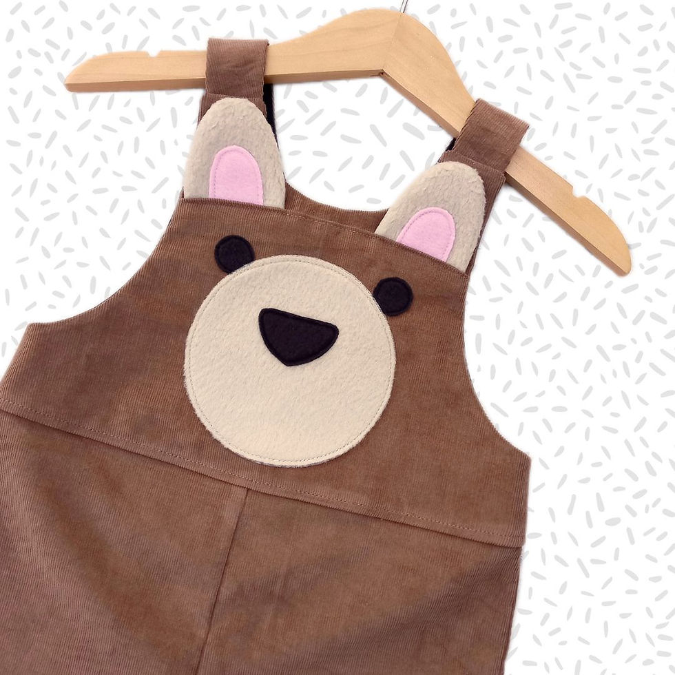 Children's handmade bear dungarees for ages 0-6 years.