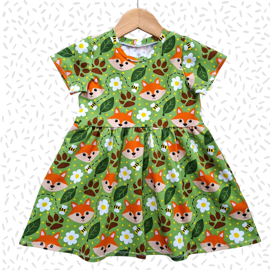 Girls handmade 'Little Spring Fox' print short sleeve t-shirt dress for children 0-8 years.
