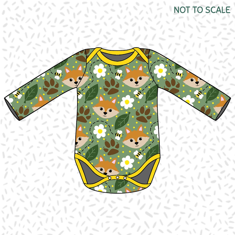 Children's handmade 'Little Spring Fox' print organic baby bodysuit for ages 0-2 years.