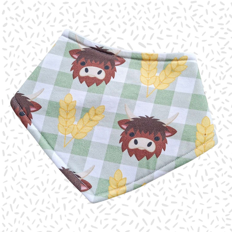 Thumbnail: Children's handmade Little Highland Cow print baby dribble bib.